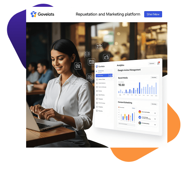 Illustration of a business dashboard showcasing analytics and engagement tools